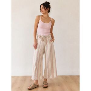 Cloth & Stone Striped Pull On Cropped Linen Blend Pants Raw Hem Small #778